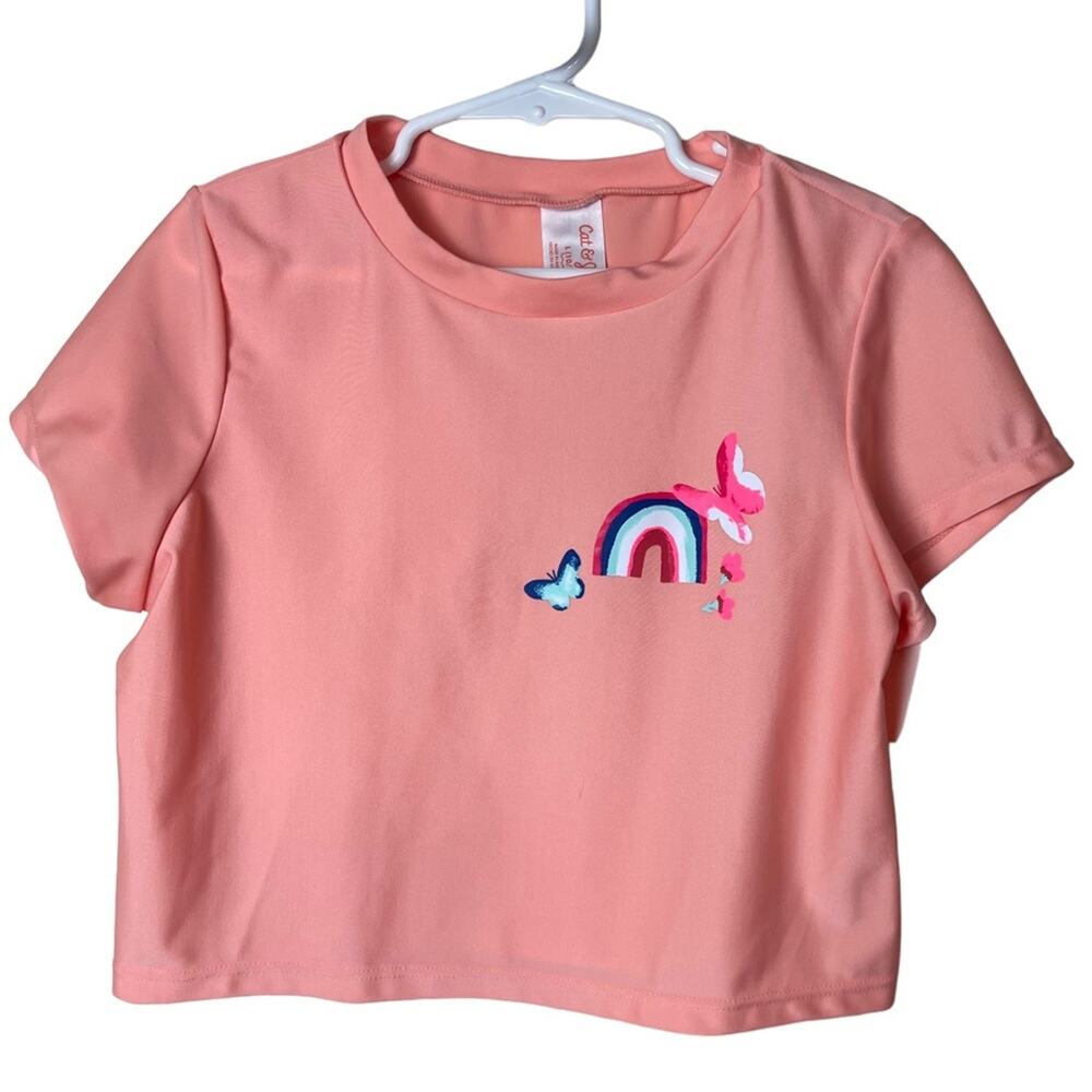 Cat and Jack Rainbow and Butterflies Short Sleeve Swim Shirt Peach Large Girl